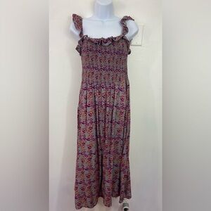 Natural Life Smocked MIDI Dress Ruffle Floral Sz M Side Slit Sun Beach Festival